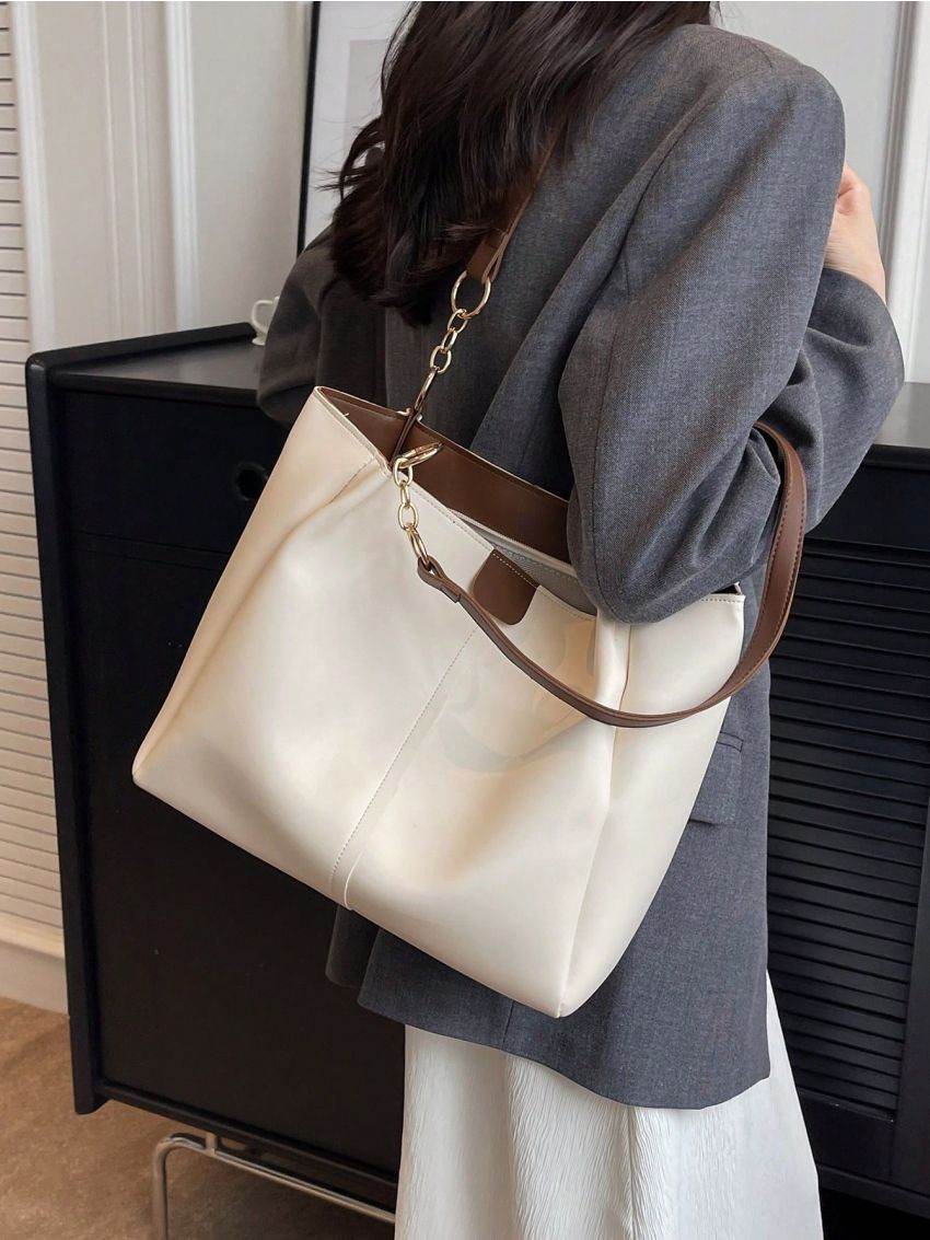 PU Shoulder Tote Bag Zipper Two Tone