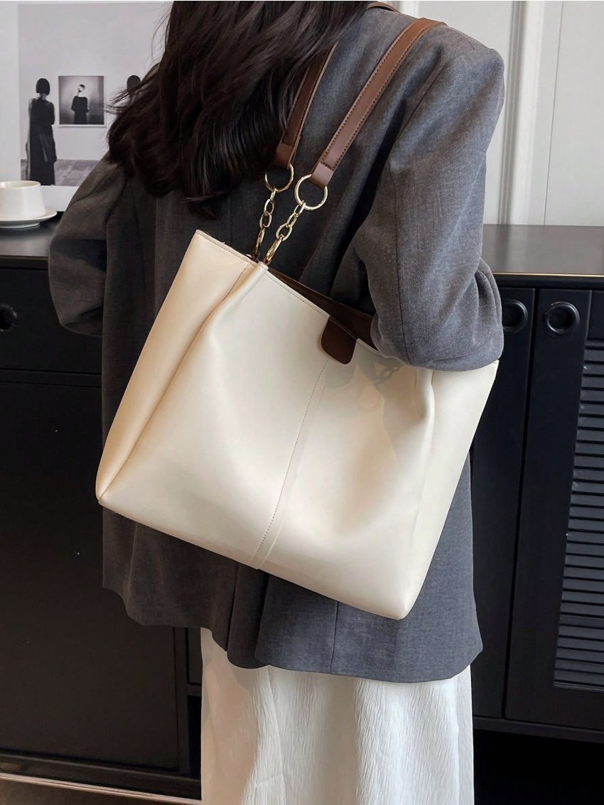 PU Shoulder Tote Bag Zipper Two Tone
