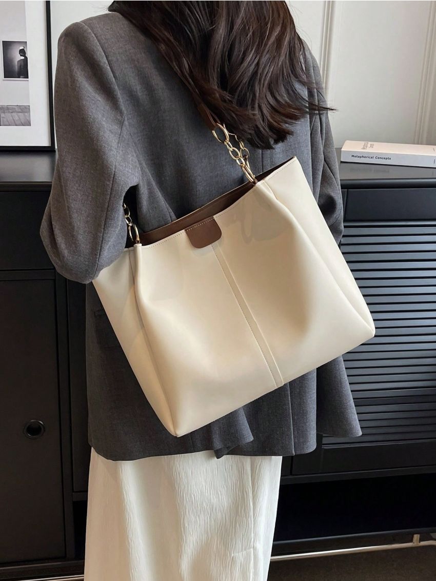 PU Shoulder Tote Bag Zipper Two Tone