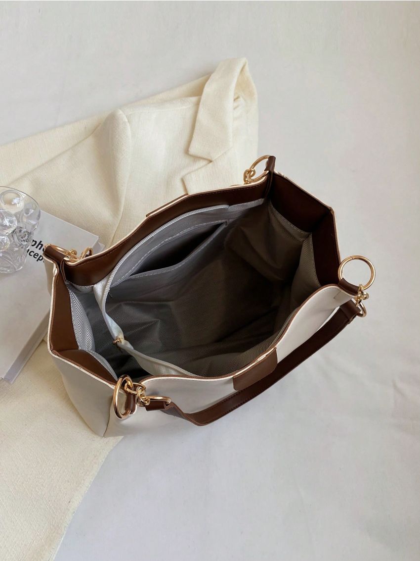 PU Shoulder Tote Bag Zipper Two Tone