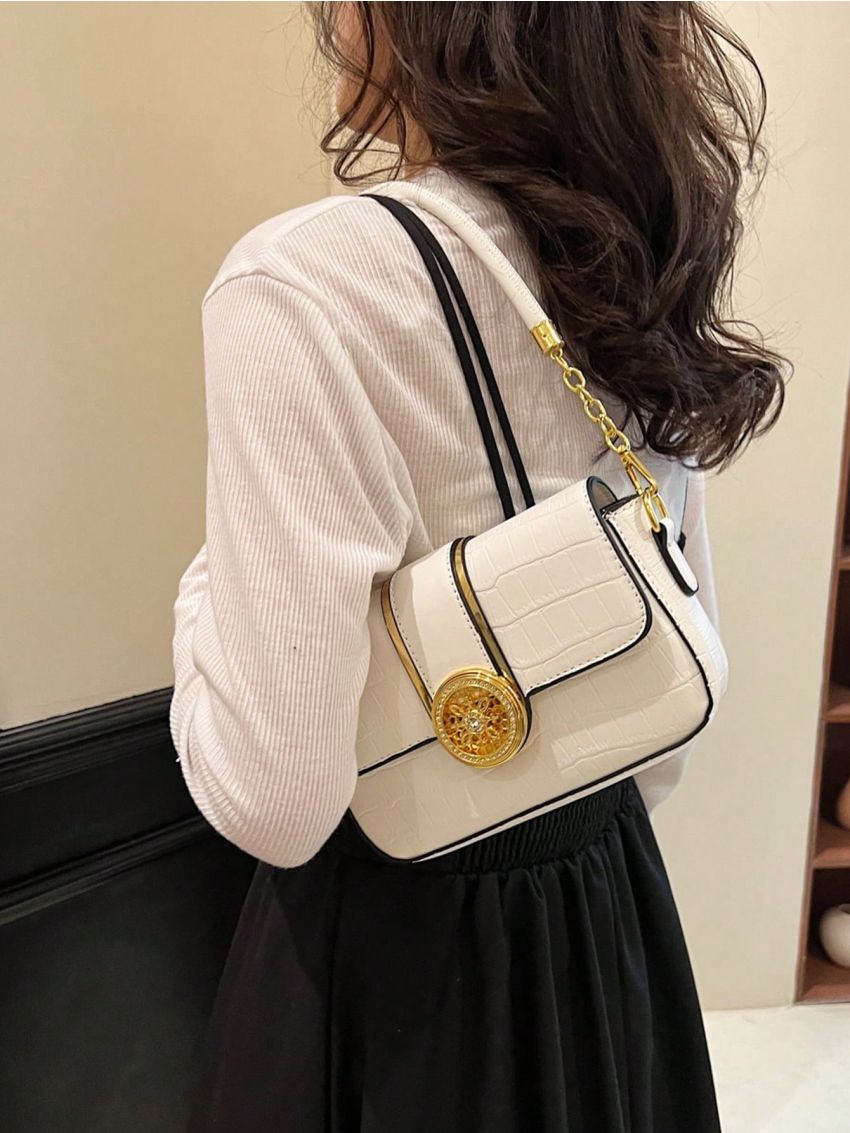 Crocodile Embossed Flap Square Bag Fashion White