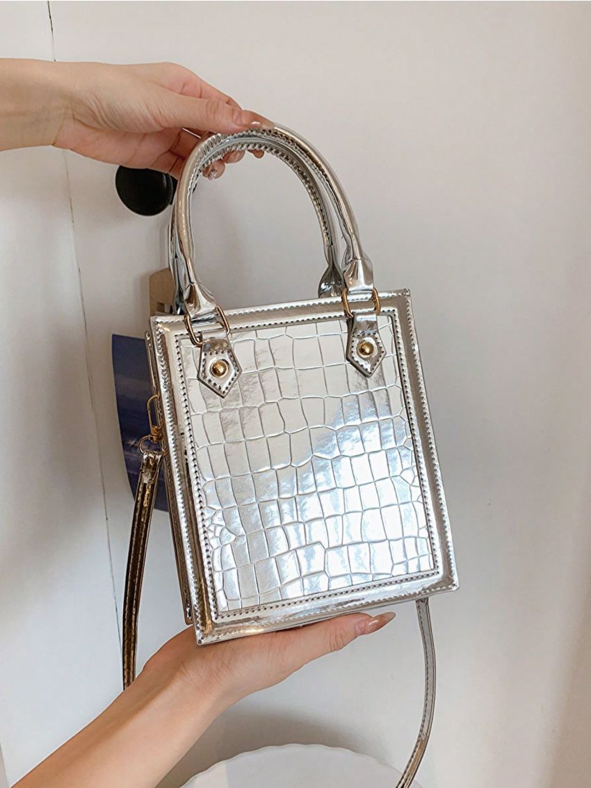 PU Square Bag Crocodile Embossed Zipper