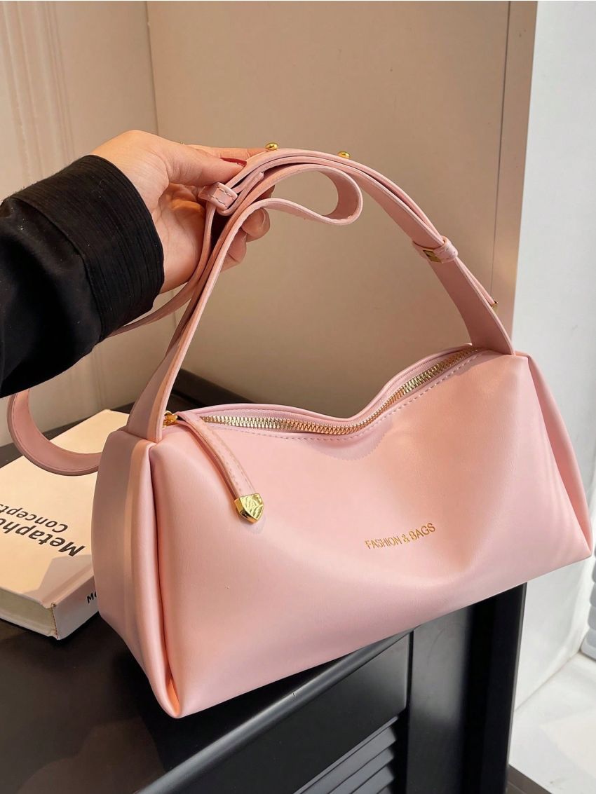 Letter Detail Zipper Hobo Bag Fashion Pink