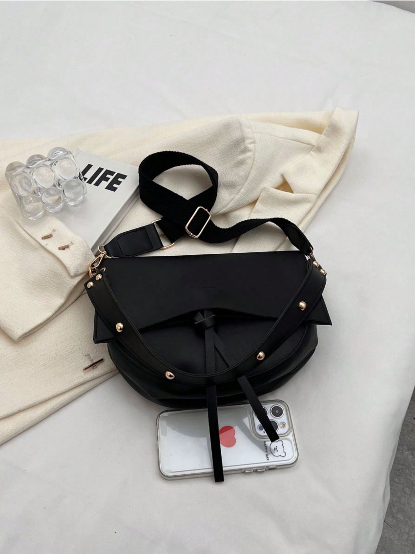 Knot Detail Flap Saddle Bag Fashion Black