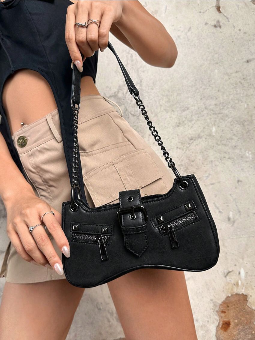 ICON Mini Buckle & Studded Decor Baguette Bag Chain Punk