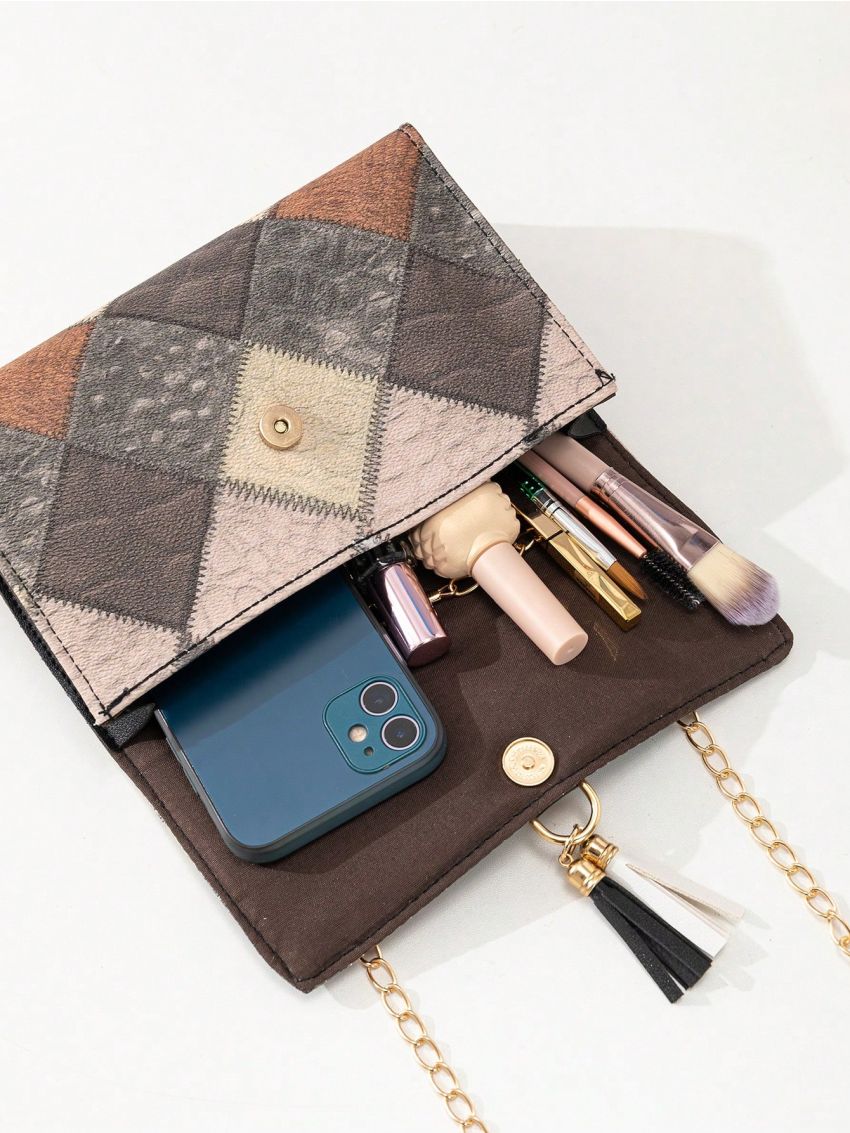 Small Flap Square Bag Colorblock Tassel Decor