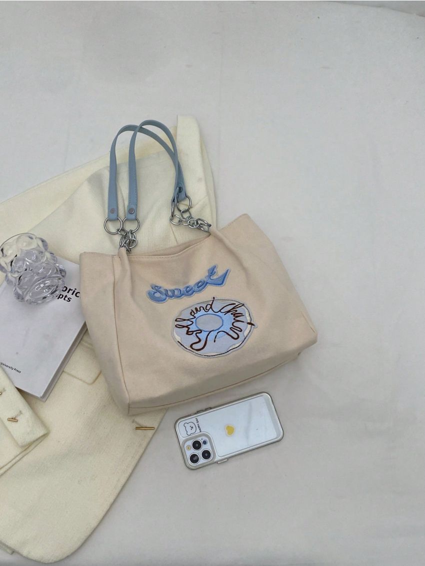 Letter & Patch Decor Shopper Bag Nylon Preppy