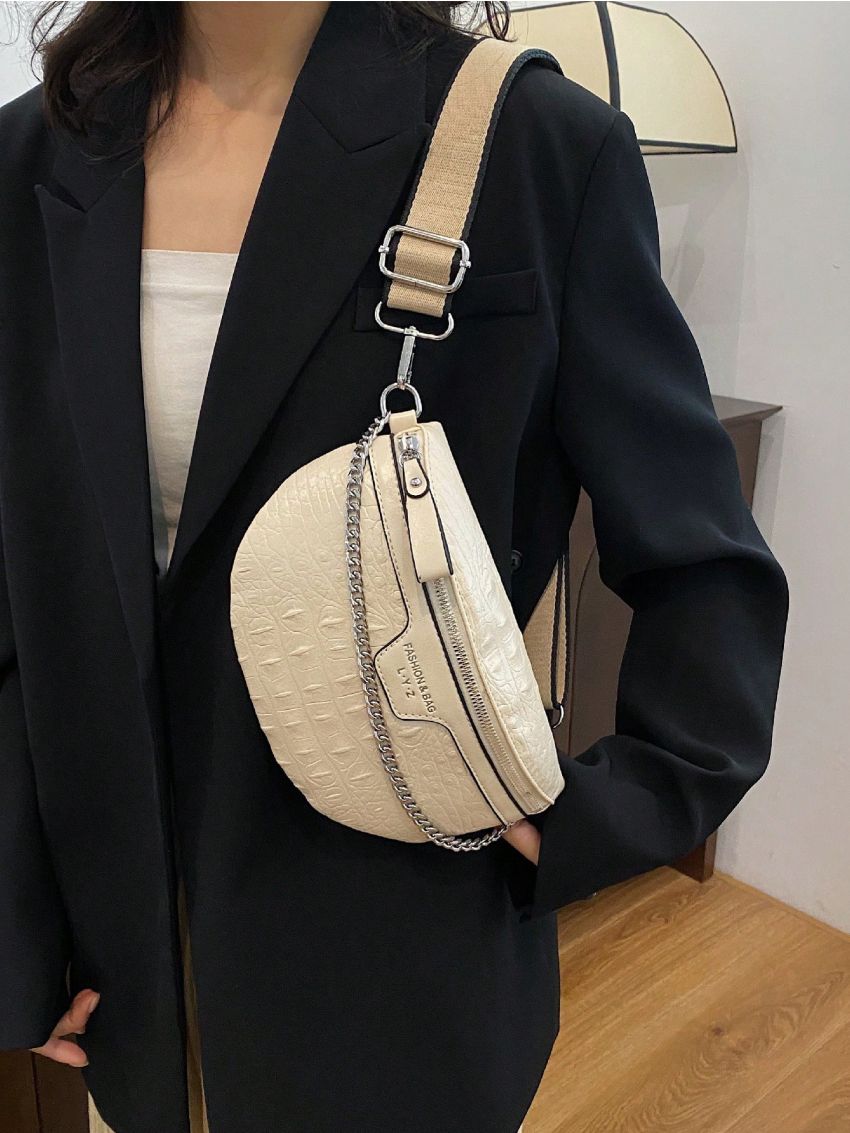 Mini Fanny Pack Crocodile Embossed Letter Graphic Chain Decor