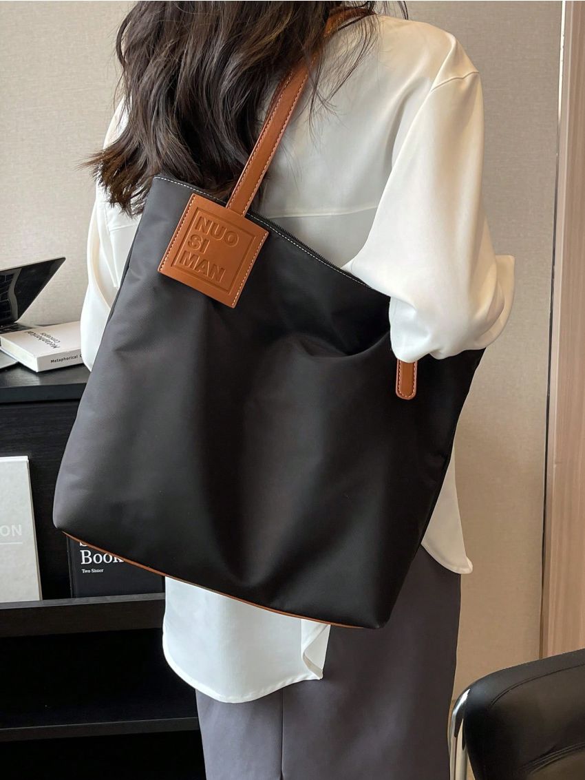 Small Shoulder Tote Bag Letter Patch Decor Nylon