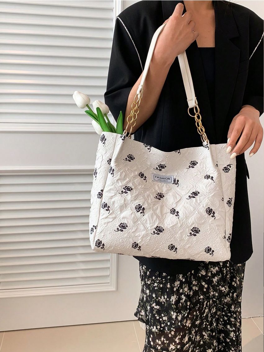 Flower Graphic Shoulder Tote Bag Medium Double Handle