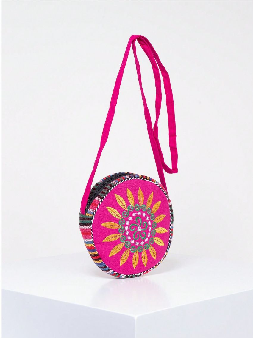 Vintage Mini Circle Bag Flower Embroidery Colorblock Adjustable Strap