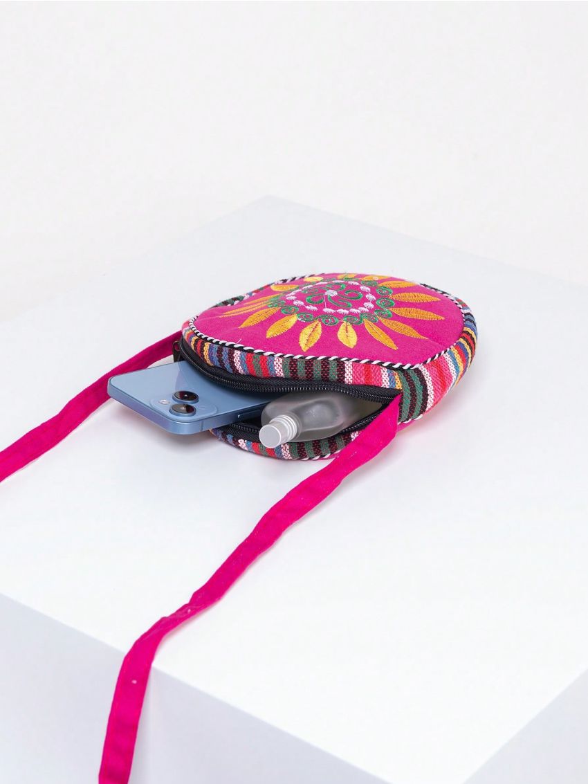 Vintage Mini Circle Bag Flower Embroidery Colorblock Adjustable Strap