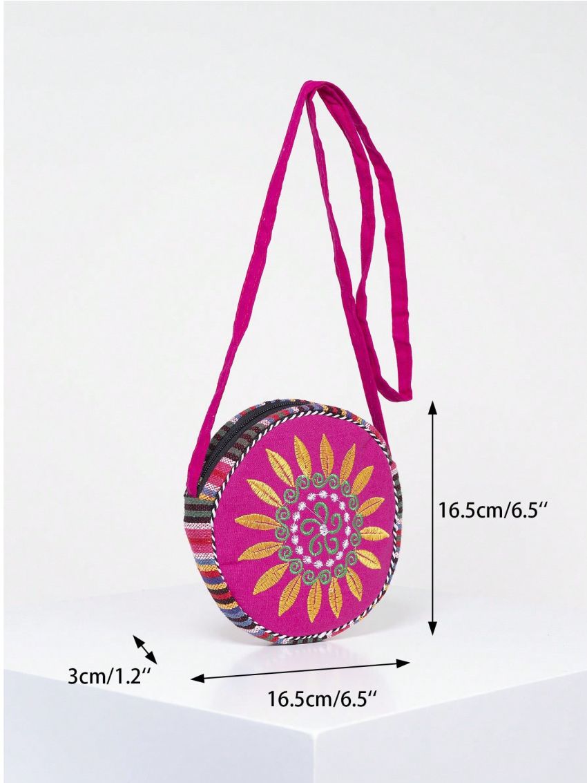 Vintage Mini Circle Bag Flower Embroidery Colorblock Adjustable Strap