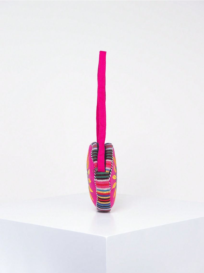 Vintage Mini Circle Bag Flower Embroidery Colorblock Adjustable Strap