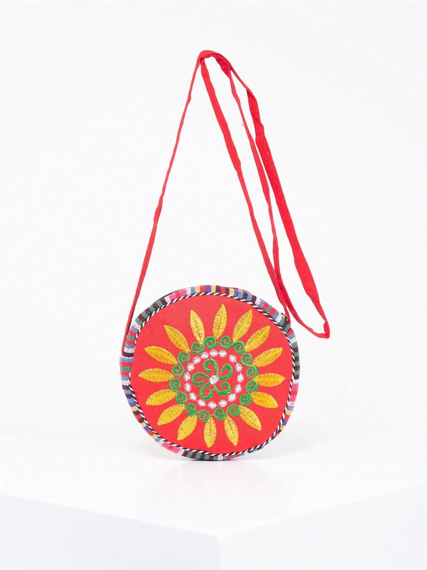 Mini Circle Bag Flower Embroidery Colorblock Adjustable Strap