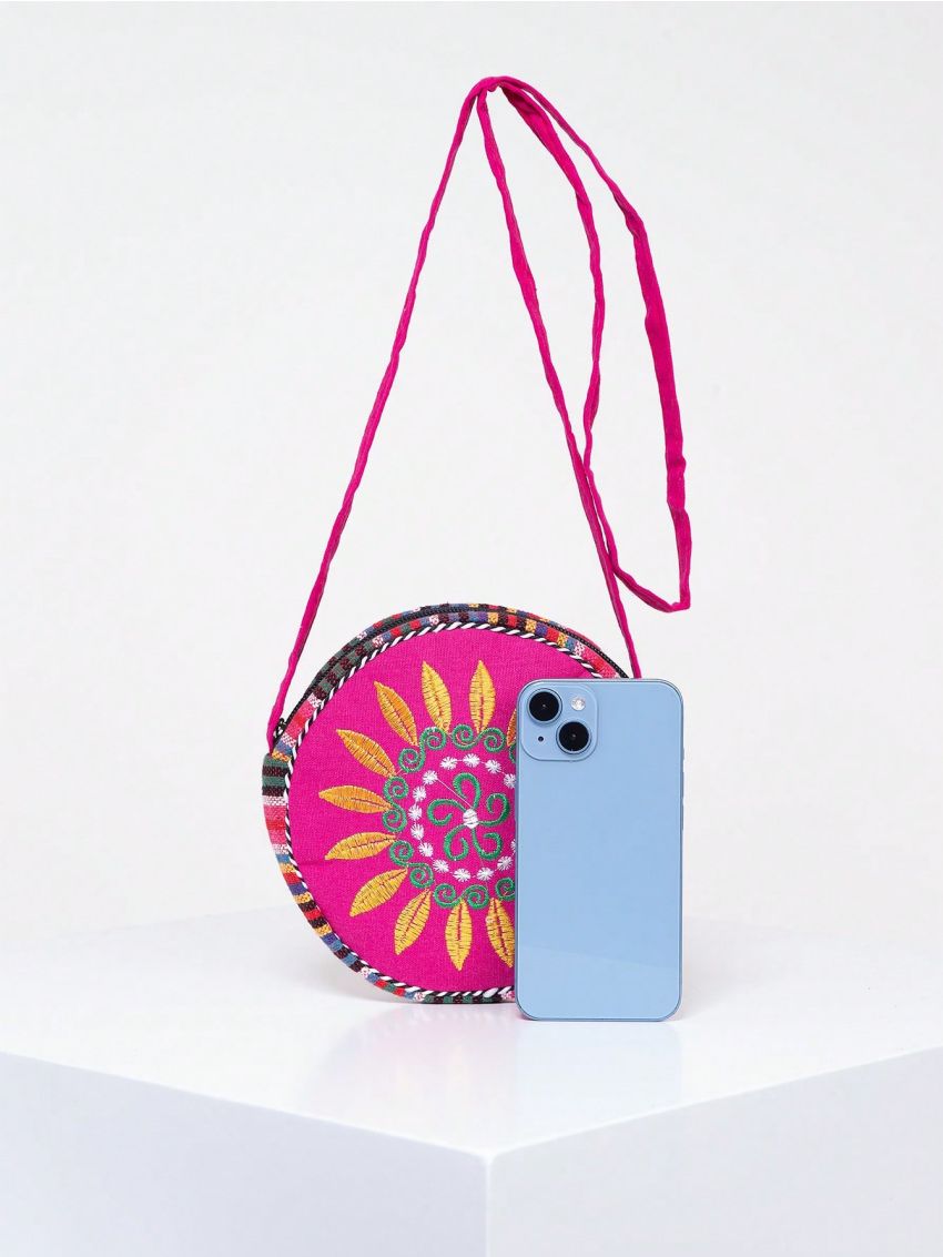 Vintage Mini Circle Bag Flower Embroidery Colorblock Adjustable Strap