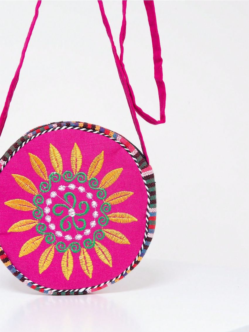 Vintage Mini Circle Bag Flower Embroidery Colorblock Adjustable Strap