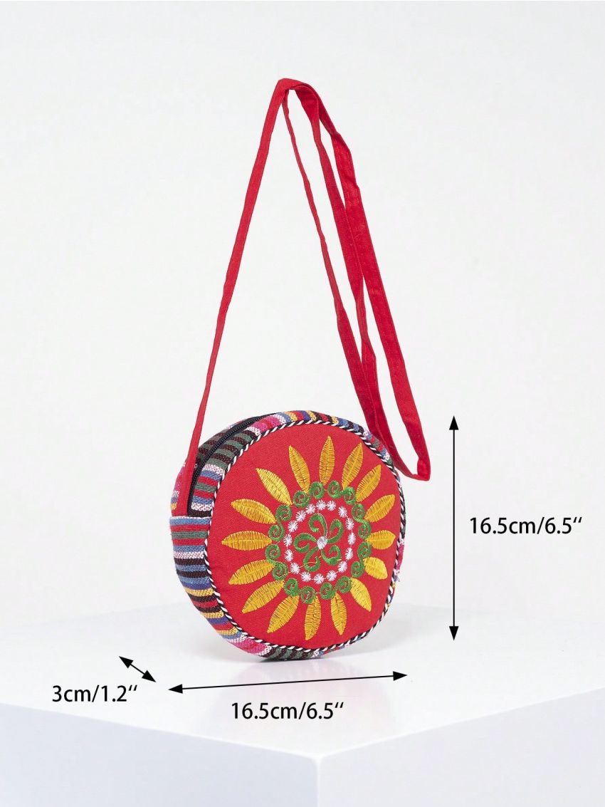 Mini Circle Bag Flower Embroidery Colorblock Adjustable Strap