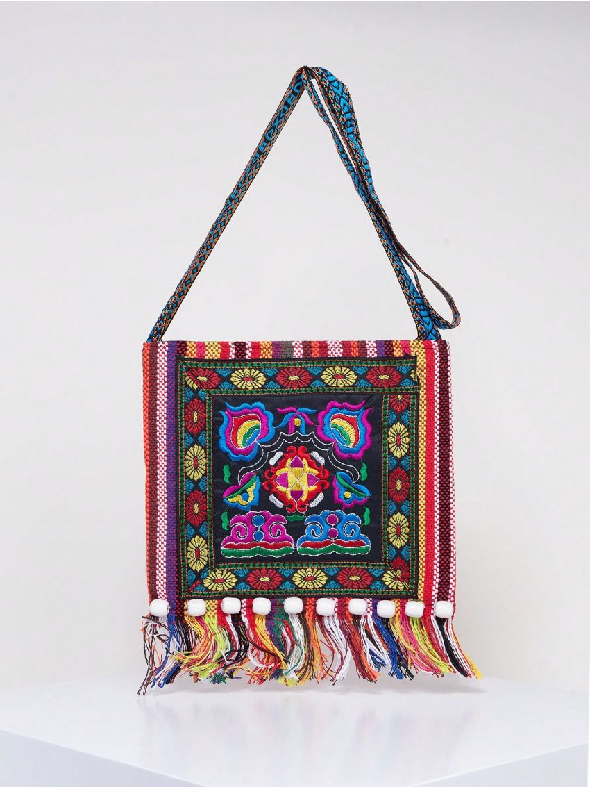 Vintage Embroidered Tassel Sling Crossbody Boho Hippie Shoulder Bag
