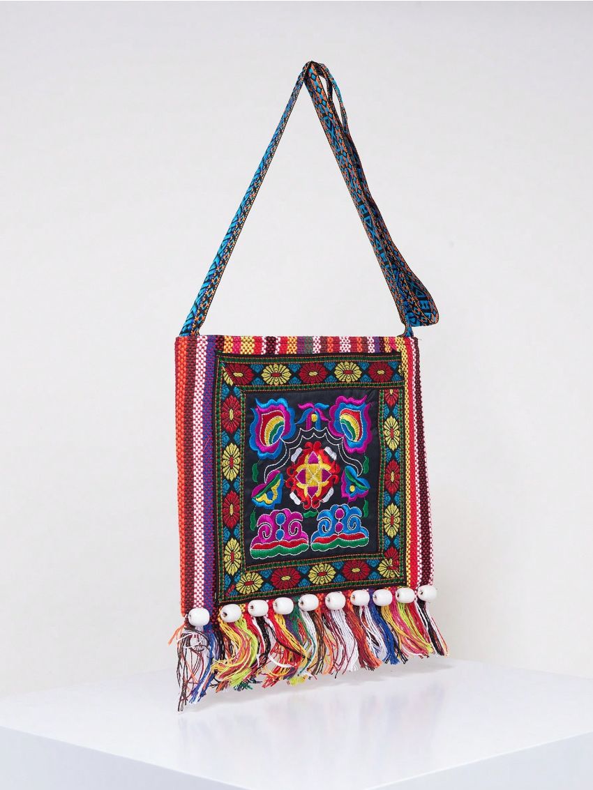 Vintage Embroidered Tassel Sling Crossbody Boho Hippie Shoulder Bag