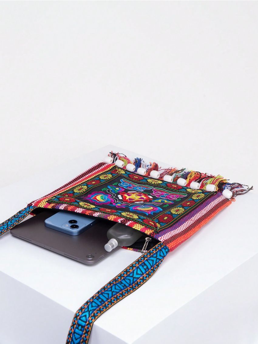 Vintage Embroidered Tassel Sling Crossbody Boho Hippie Shoulder Bag