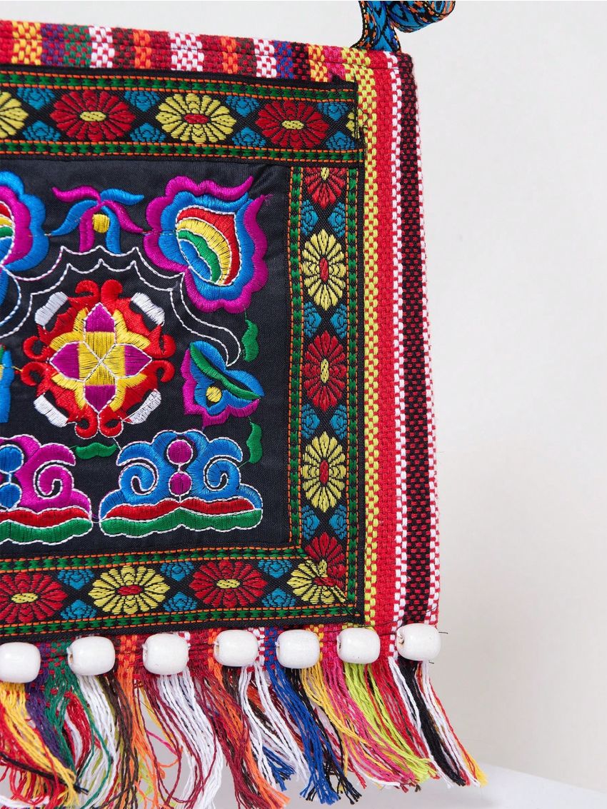 Vintage Embroidered Tassel Sling Crossbody Boho Hippie Shoulder Bag