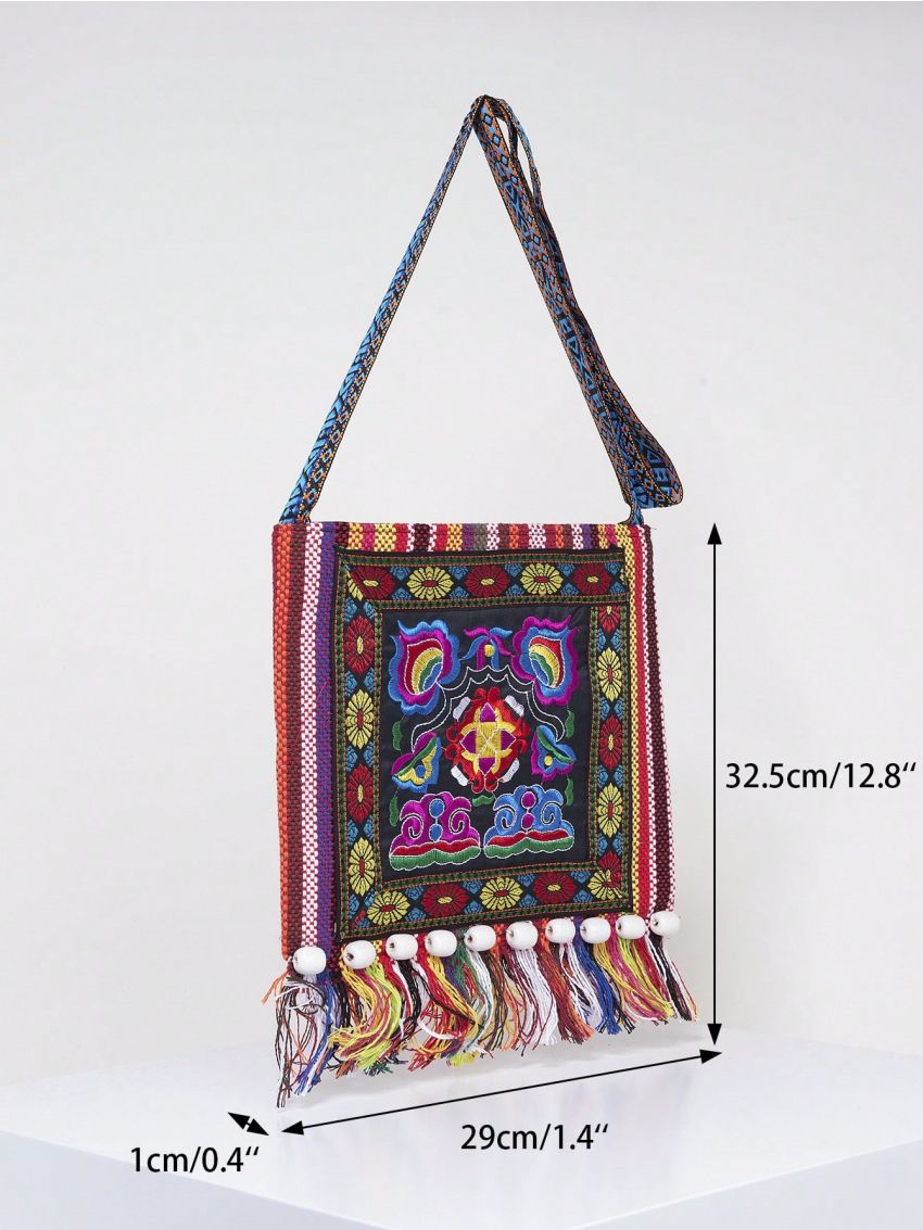 Vintage Embroidered Tassel Sling Crossbody Boho Hippie Shoulder Bag