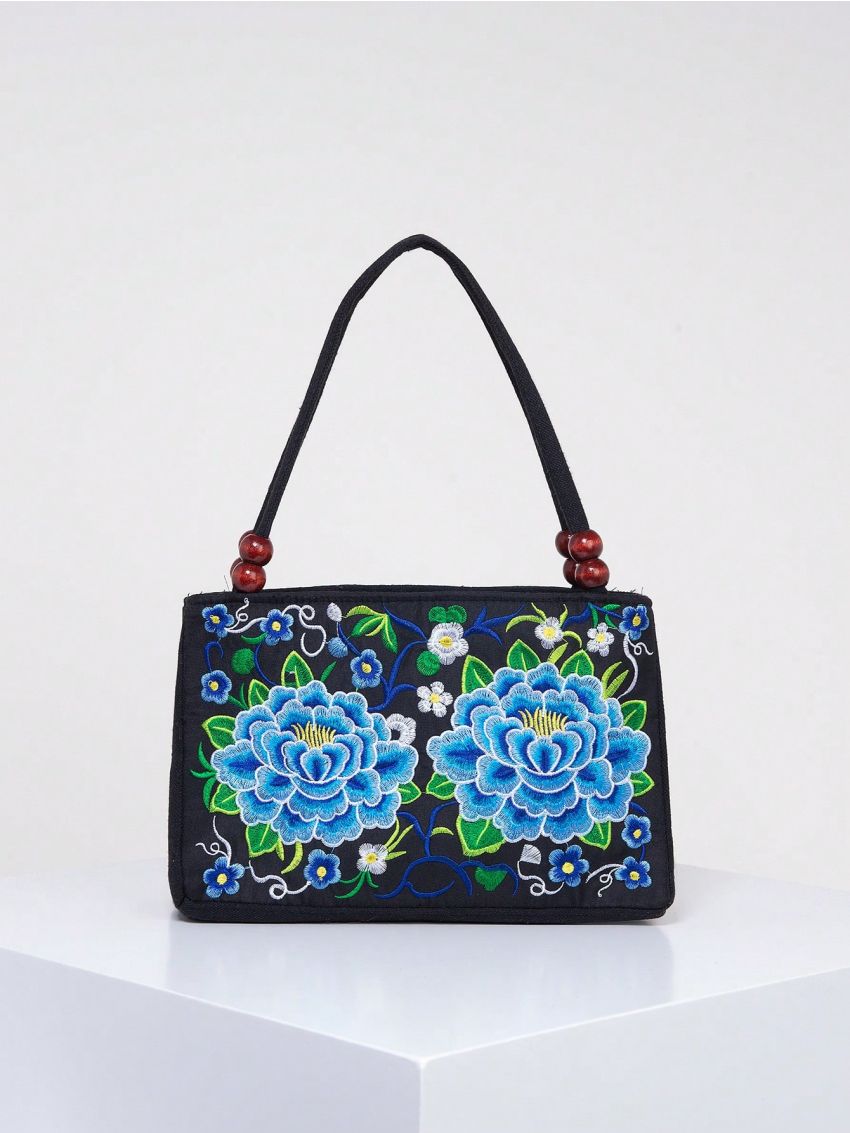 Stylish Floral Embroidered Handbag, Trendy Zipper Canvas Bag, Women's Fashion Purses