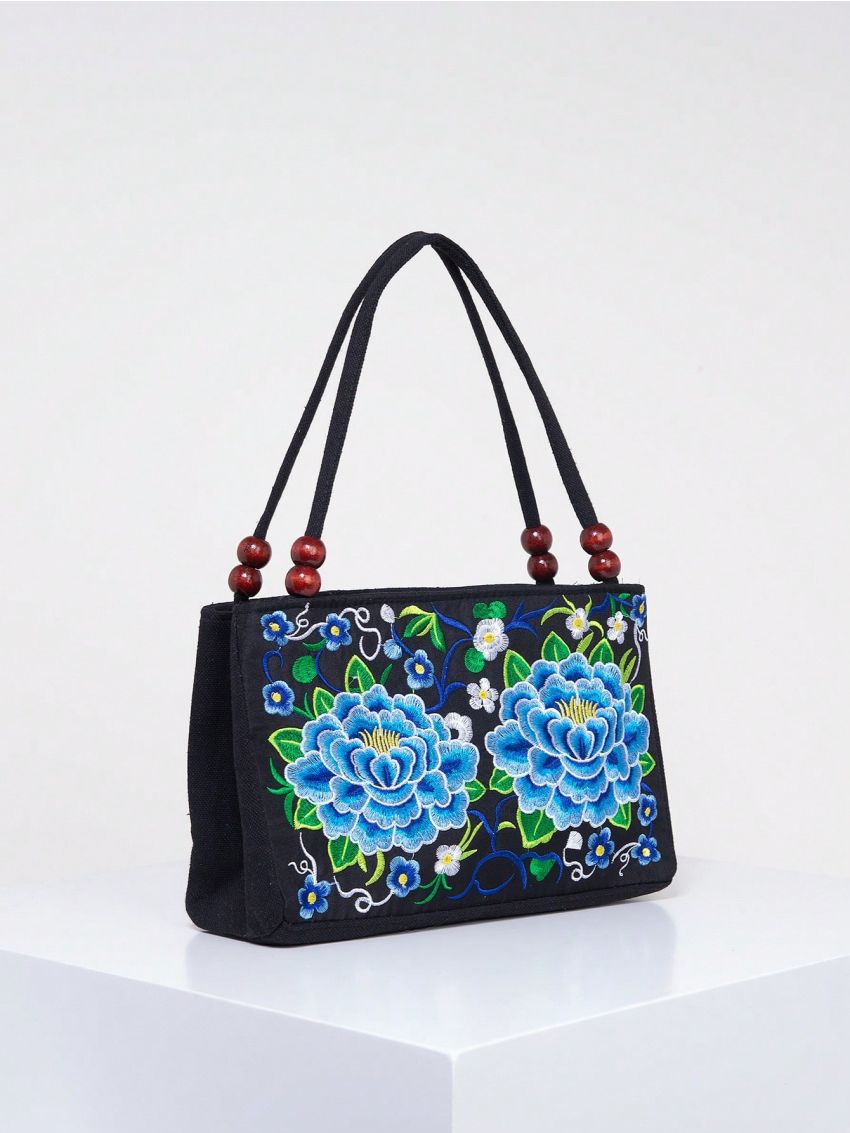 Stylish Floral Embroidered Handbag, Trendy Zipper Canvas Bag, Women's Fashion Purses