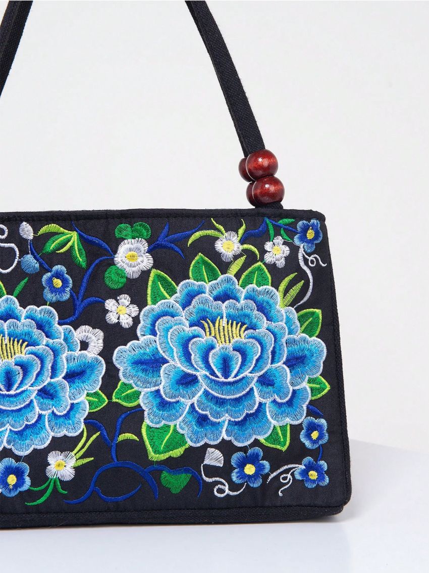 Stylish Floral Embroidered Handbag, Trendy Zipper Canvas Bag, Women's Fashion Purses