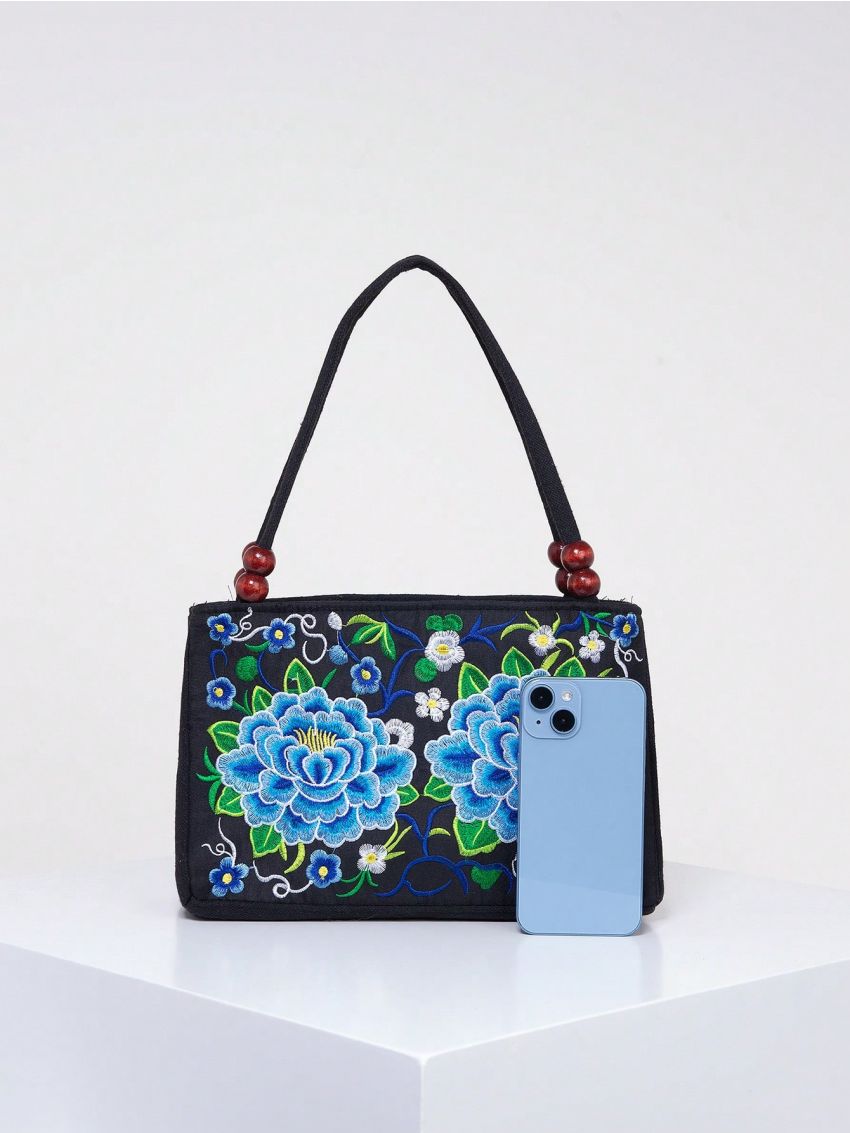 Stylish Floral Embroidered Handbag, Trendy Zipper Canvas Bag, Women's Fashion Purses