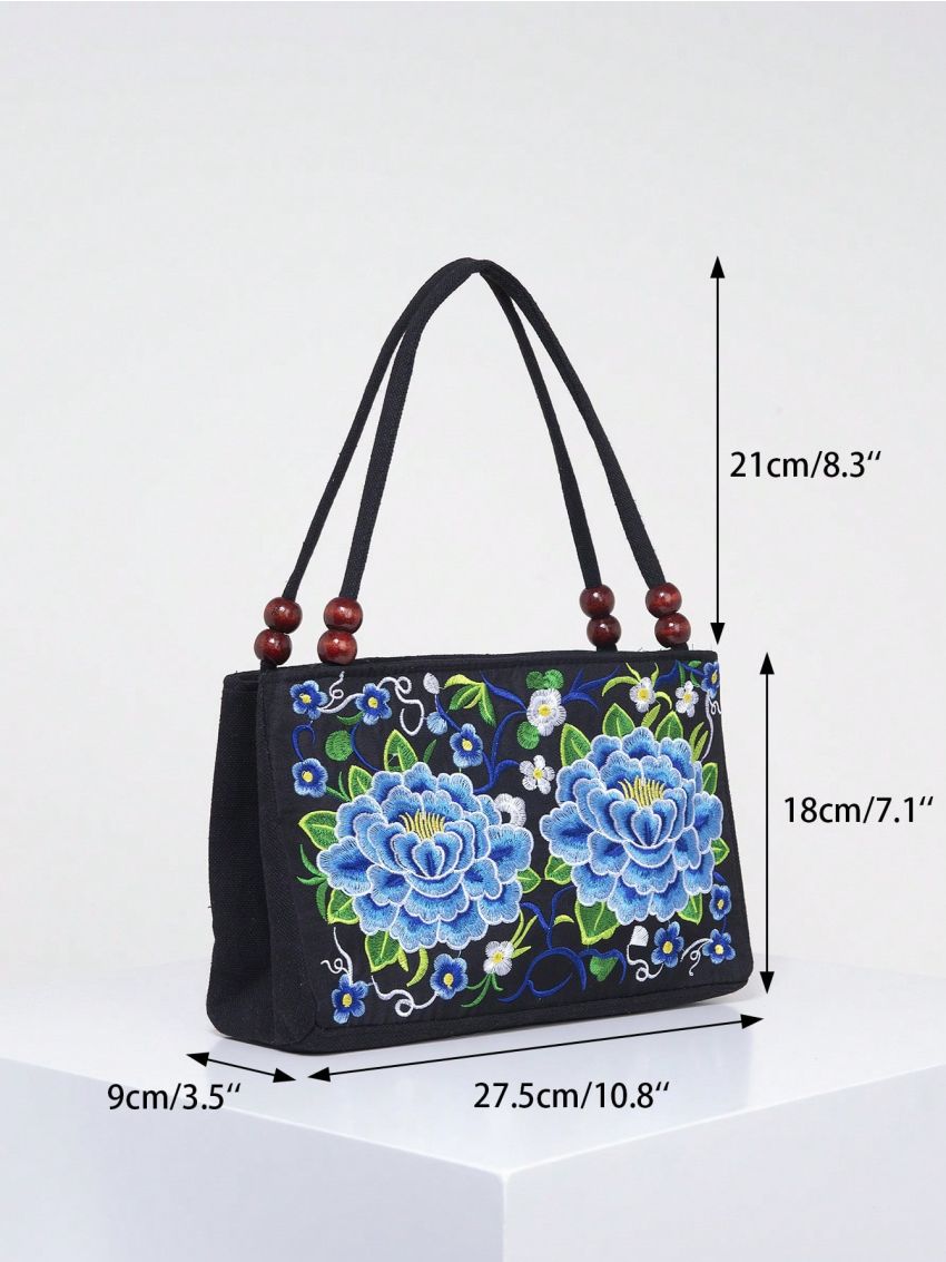 Stylish Floral Embroidered Handbag, Trendy Zipper Canvas Bag, Women's Fashion Purses