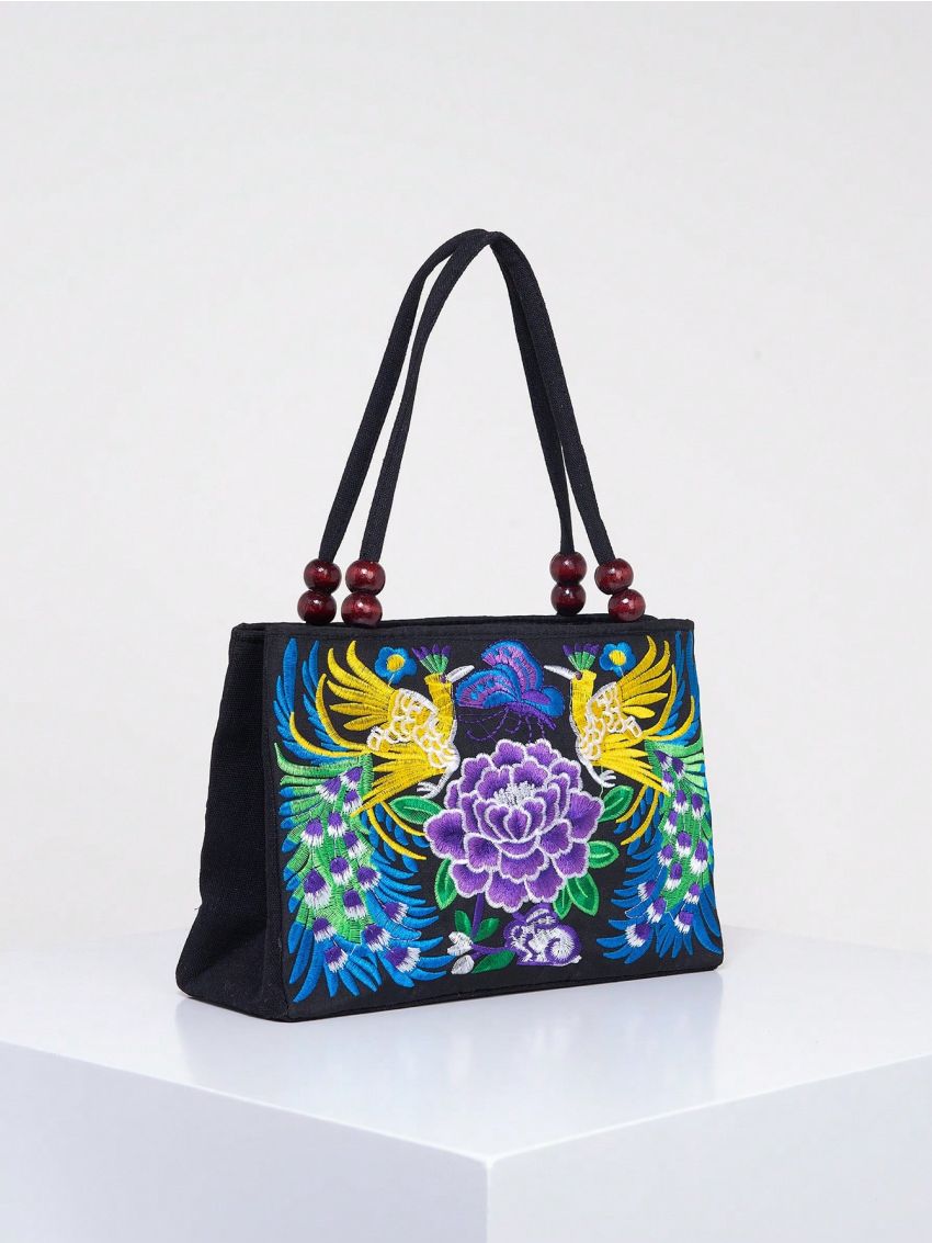 Stylish Floral Embroidered Handbag, Trendy Zipper Canvas Bag, Women's Fashion Purses