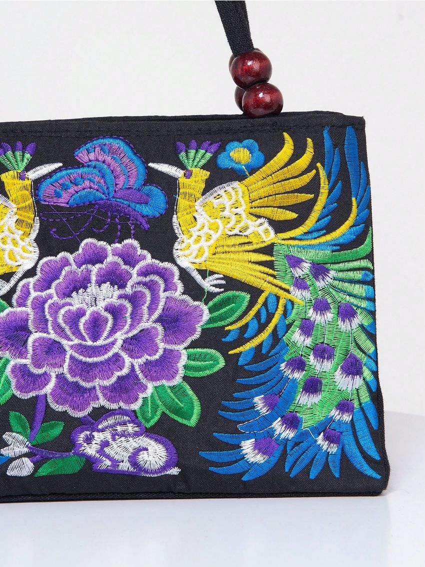 Stylish Floral Embroidered Handbag, Trendy Zipper Canvas Bag, Women's Fashion Purses