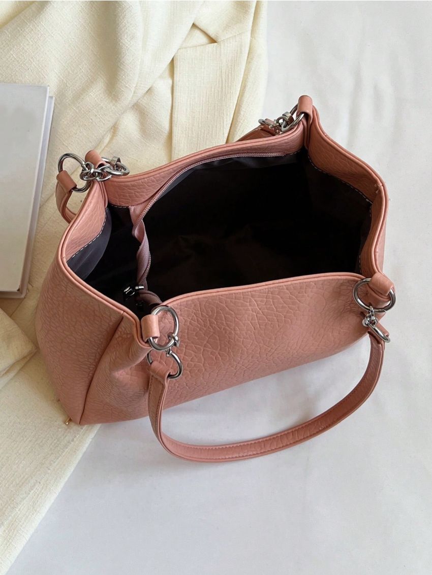 Litchi Embossed Shoulder Tote Bag Chain Decor For Daily