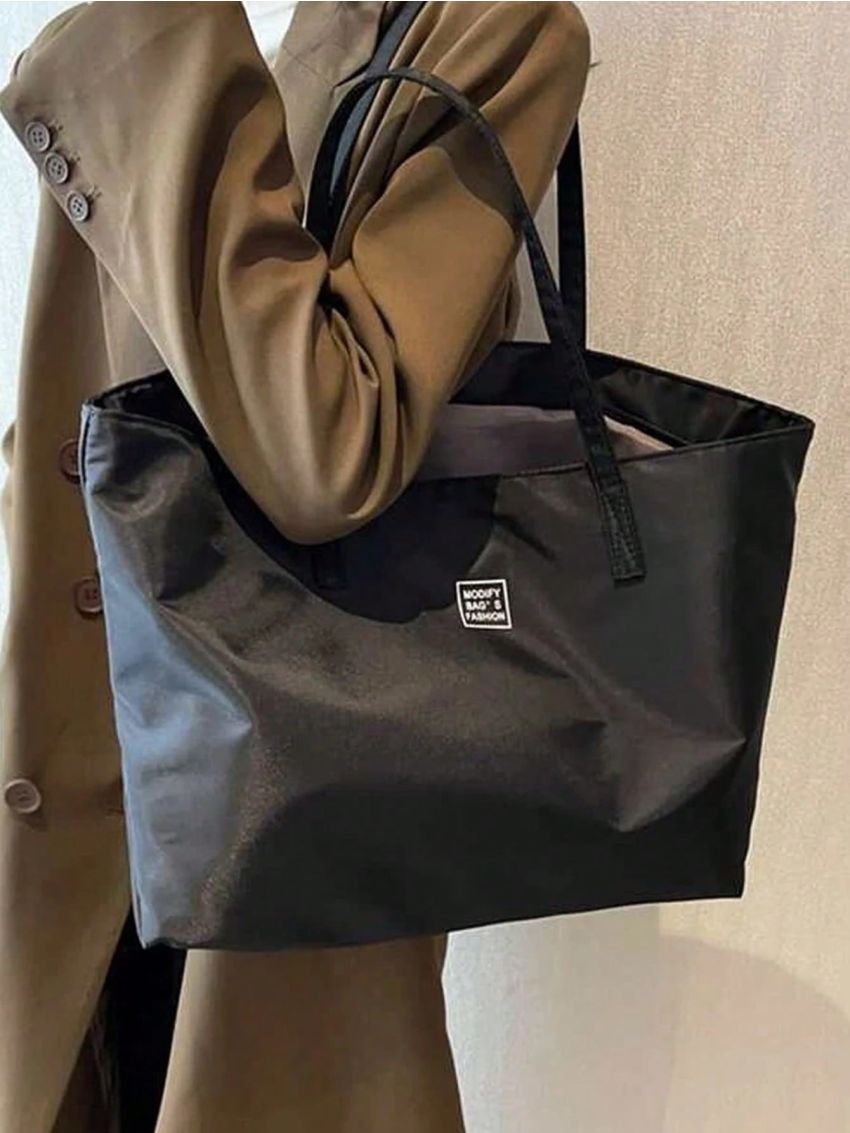 Letter Print Shoulder Tote Bag Black Large Capacity With Wallet, Best Work Bag For Women