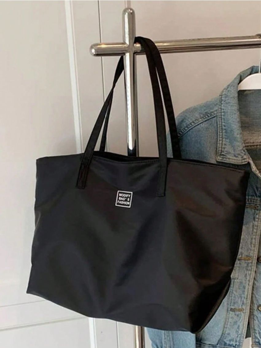 Letter Print Shoulder Tote Bag Black Large Capacity With Wallet, Best Work Bag For Women