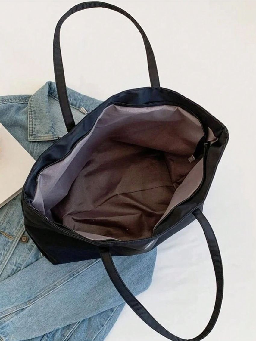 Letter Print Shoulder Tote Bag Black Large Capacity With Wallet, Best Work Bag For Women