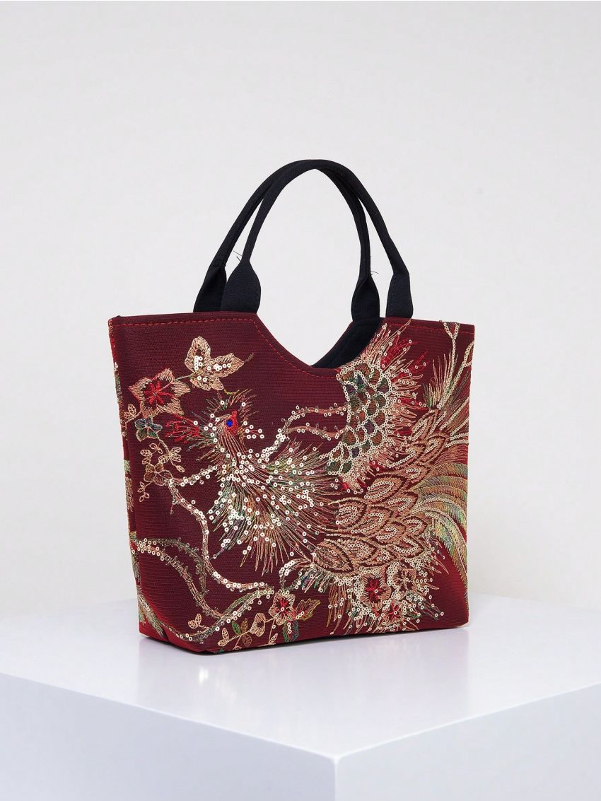 Vintage Handbags For Women, Ladies Travel Hobo Bags Tote With Bling Sequins Phoenix Embroidered