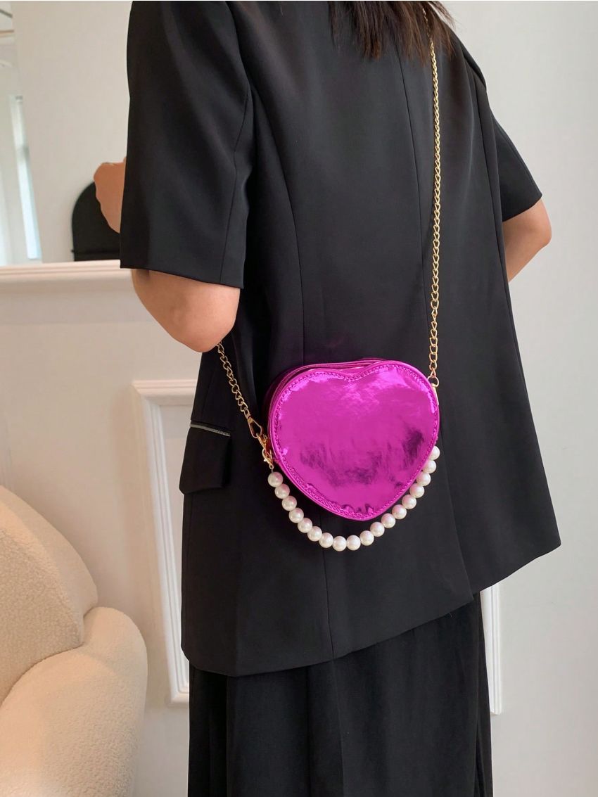 Mini Heart Shape Novelty Bag Metallic Faux Pearl Decor