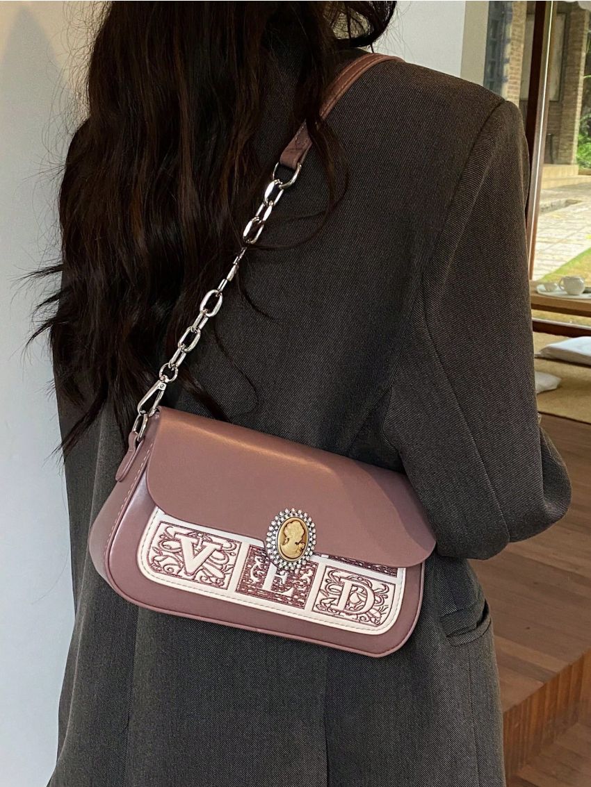 Letter Embroidery Square Bag Metal Decor Chain Strap For Daily