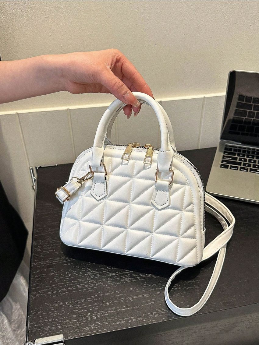 Small Zipper Dome Bag Geometric Embossed Lightweight Double Handle