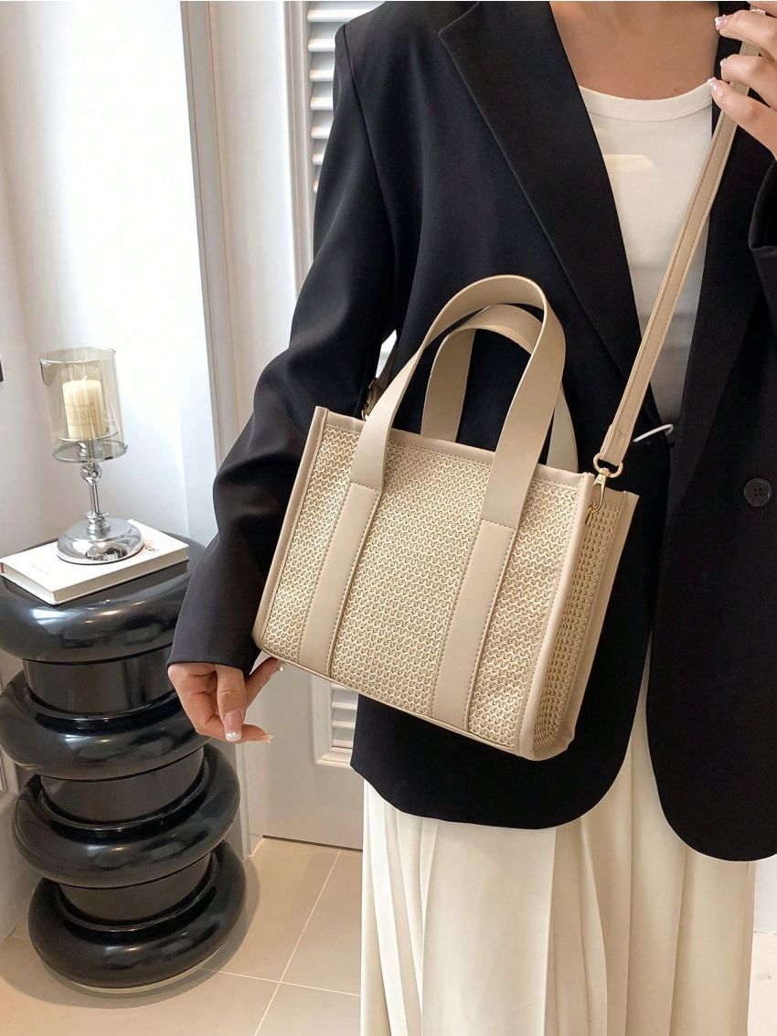 Color Block Straw Bag Double Handle Zipper