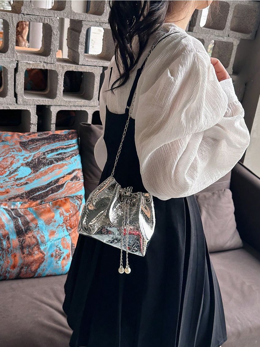 PU Bucket Bag Crocodile Print Drawstring Design