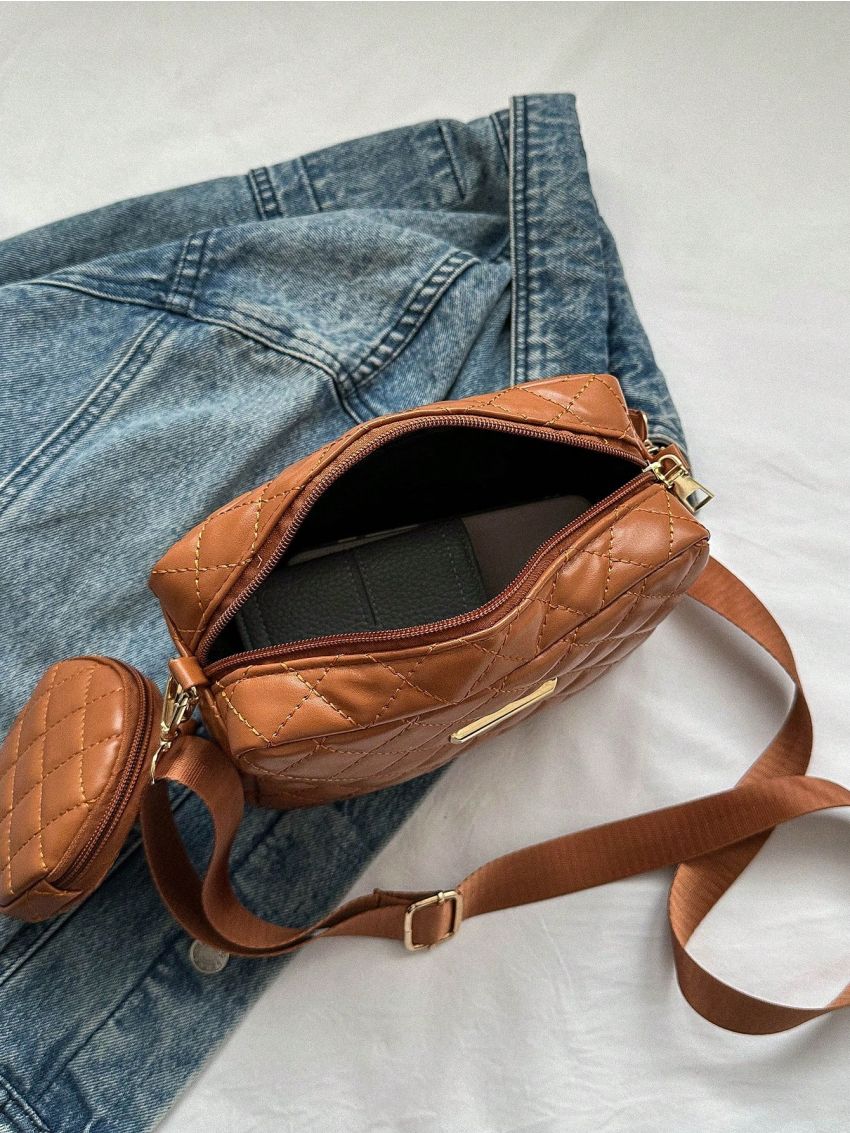 Small Square Bag Metal Decor Quilted With Coin Purse