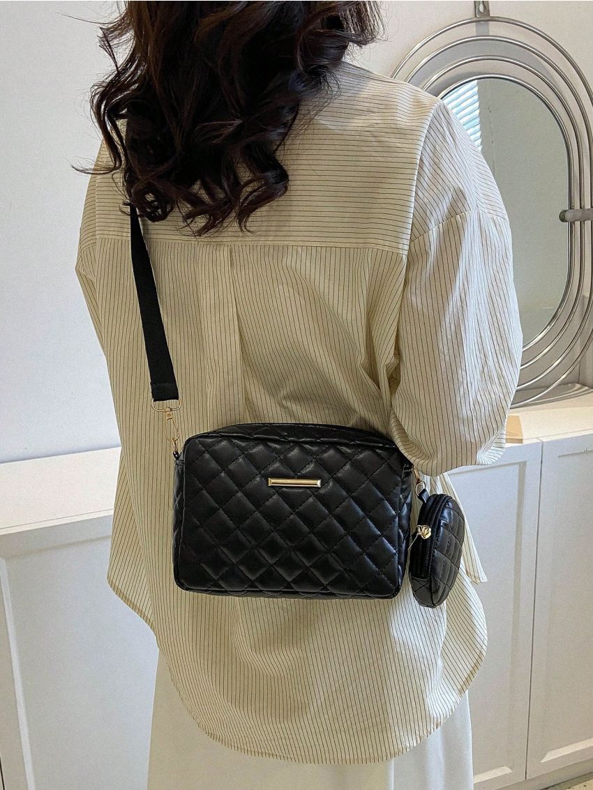 Small Square Bag Metal Decor Quilted With Coin Purse