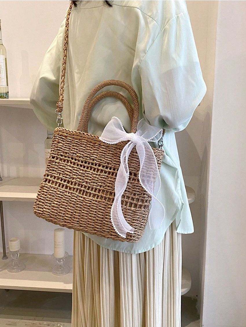 Medium Straw Bag Hollow Out Detail Double Handle Twilly Scarf Decor