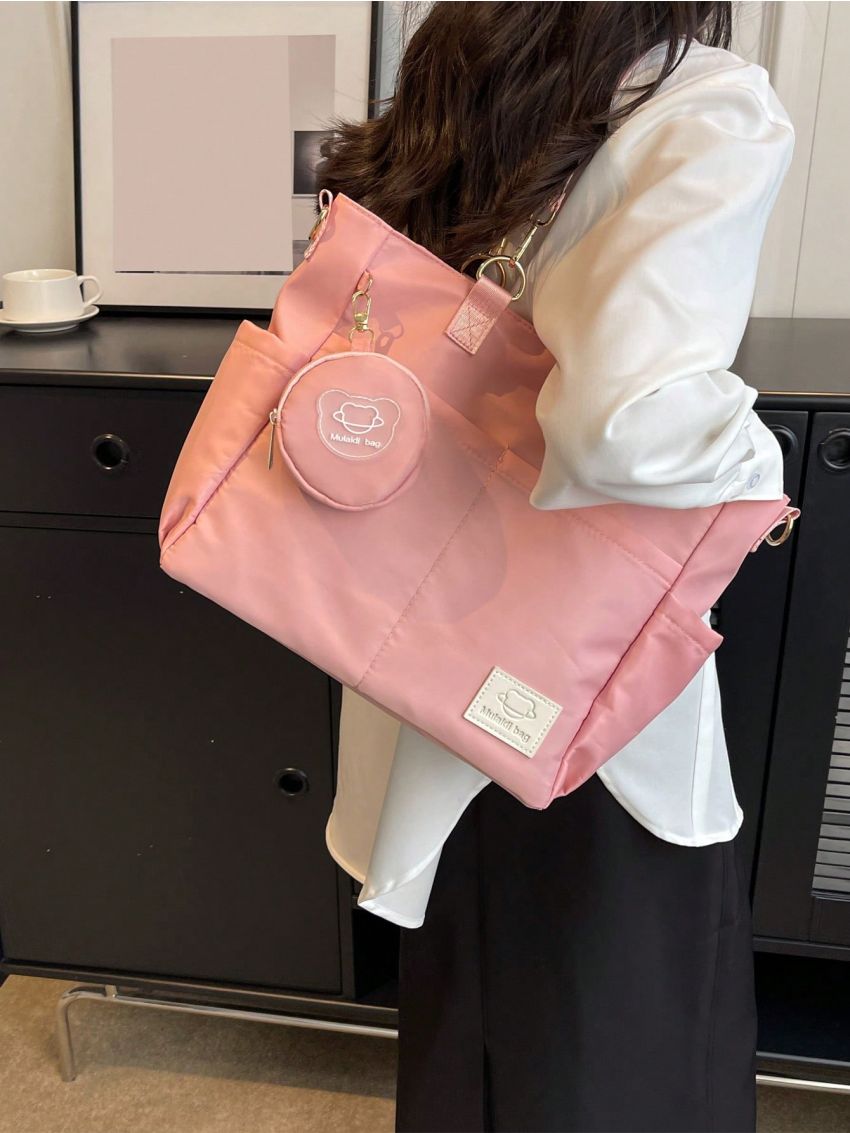 Letter Patch Shoulder Tote Bag Pocket Front Double Handle With Coin Purse For Daily