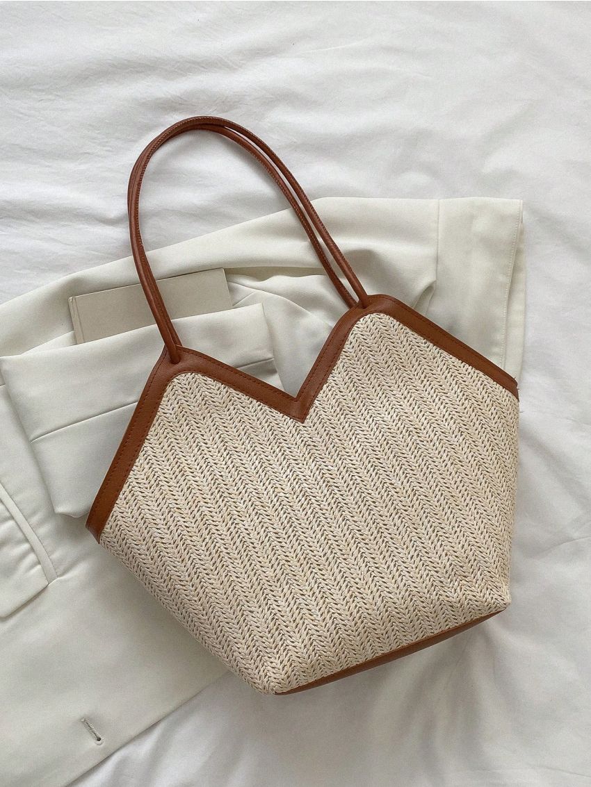 Letter Embroidered Contrast Trim Straw Bag, Mothers Day Gift For Mom