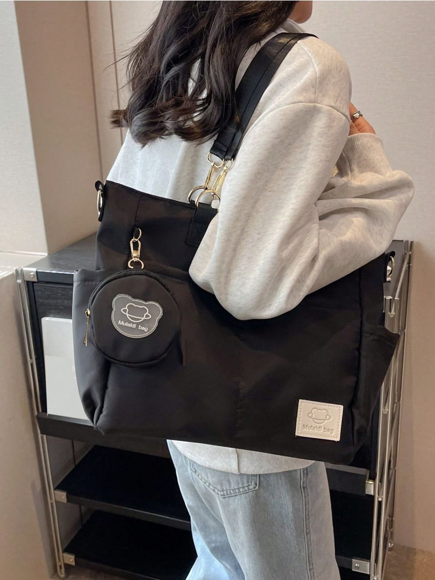 Letter Patch Shoulder Tote Bag Pocket Front Double Handle With Coin Purse For Daily